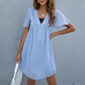 Holiday 2024 Women's Solid Color Fitted Short Sleeve Deep V Neck Bodycon Cotton Linen Midi Dress