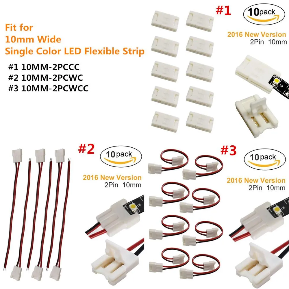 10pcs/Pack New LED Strip Connector Solderless Snap Down 2 Pin Strip to Strip Gapless Jumper for 10mm Wide 5050 5630 Single Color Flex LED Strips