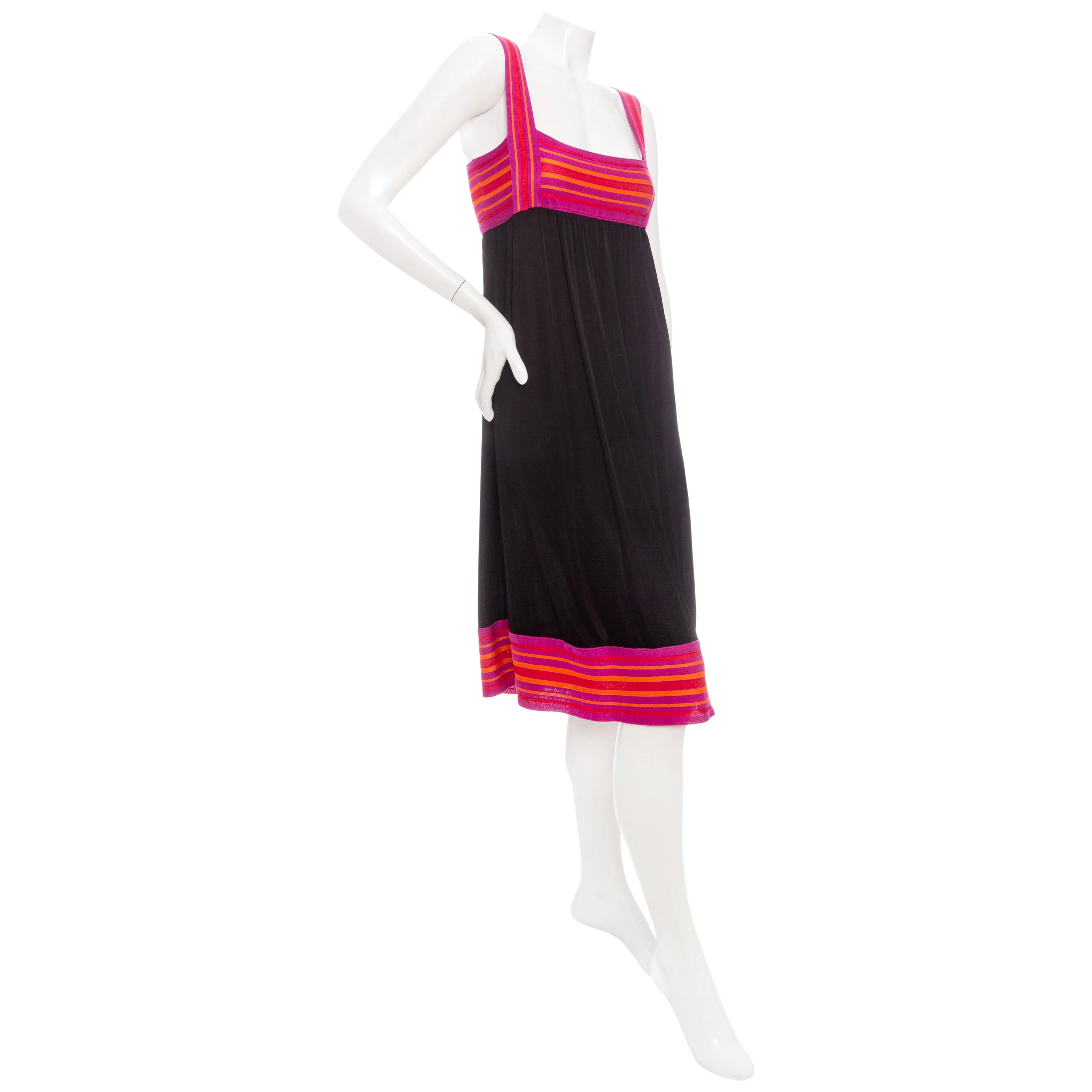 1990s Black Viscose and Pink Knit Sleeveless Midi Dress