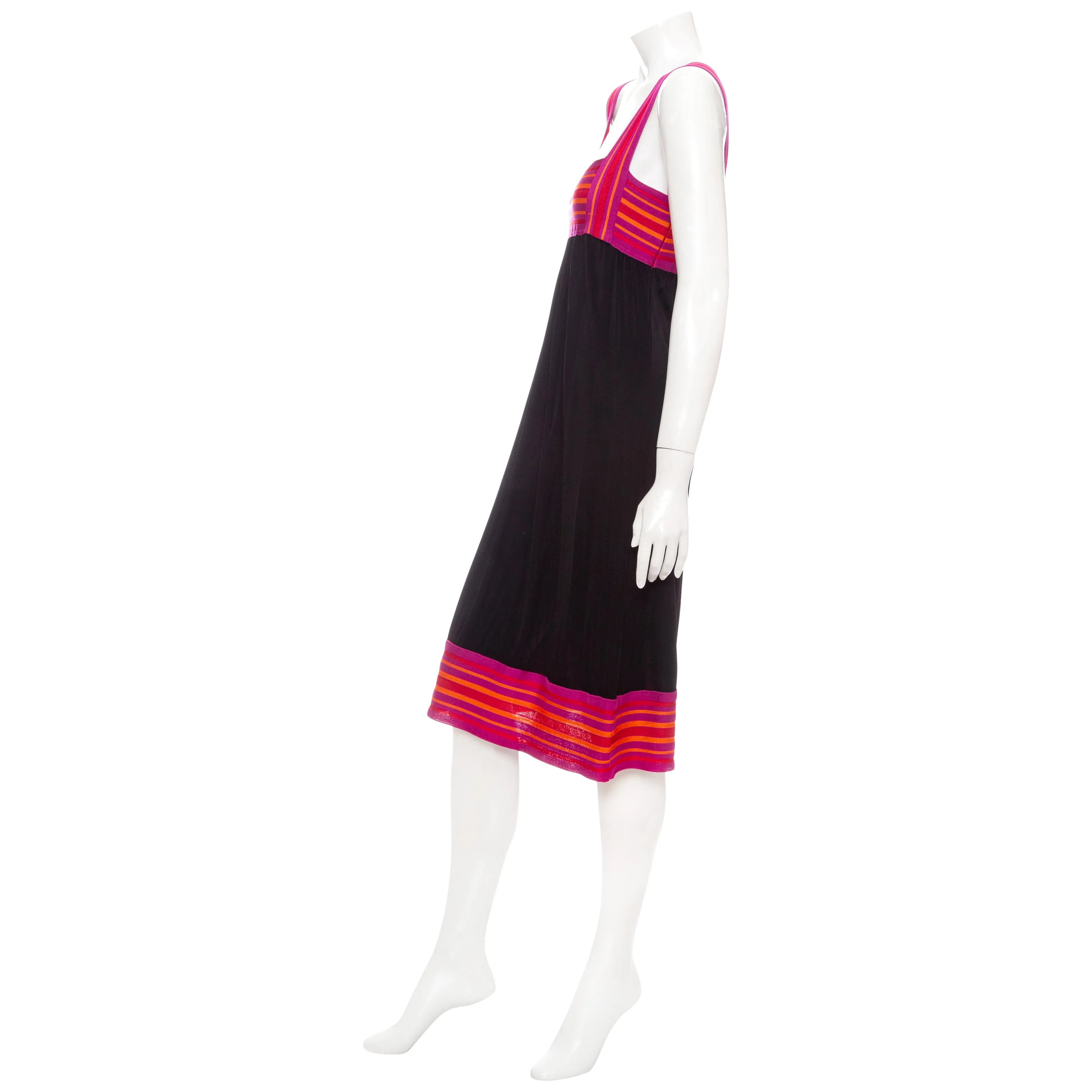 1990s Black Viscose and Pink Knit Sleeveless Midi Dress