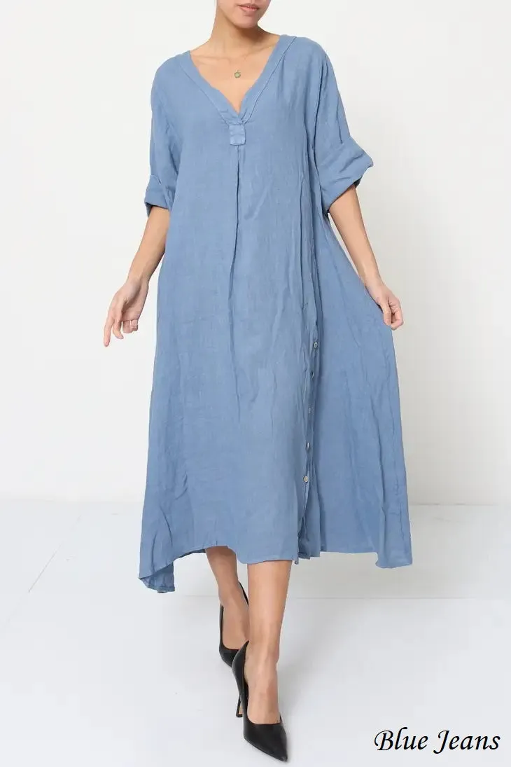 21938 Long Side Button-Up Detailed Linen Dress