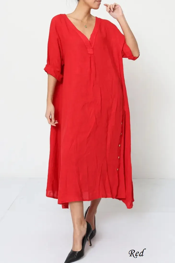 21938 Long Side Button-Up Detailed Linen Dress