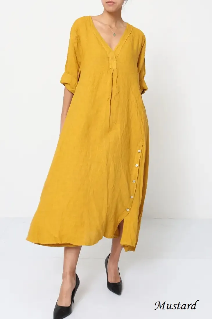 21938 Long Side Button-Up Detailed Linen Dress