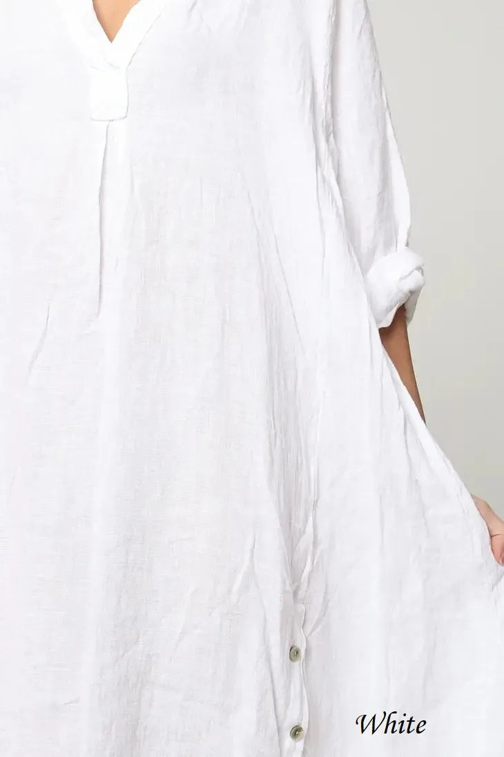 21938 Long Side Button-Up Detailed Linen Dress