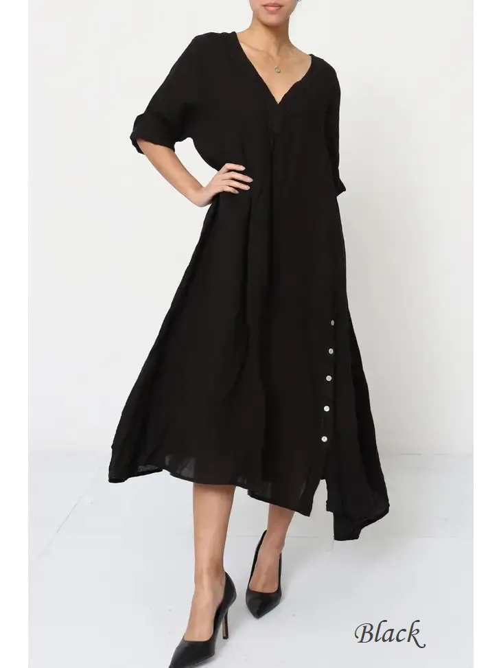 21938 Long Side Button-Up Detailed Linen Dress