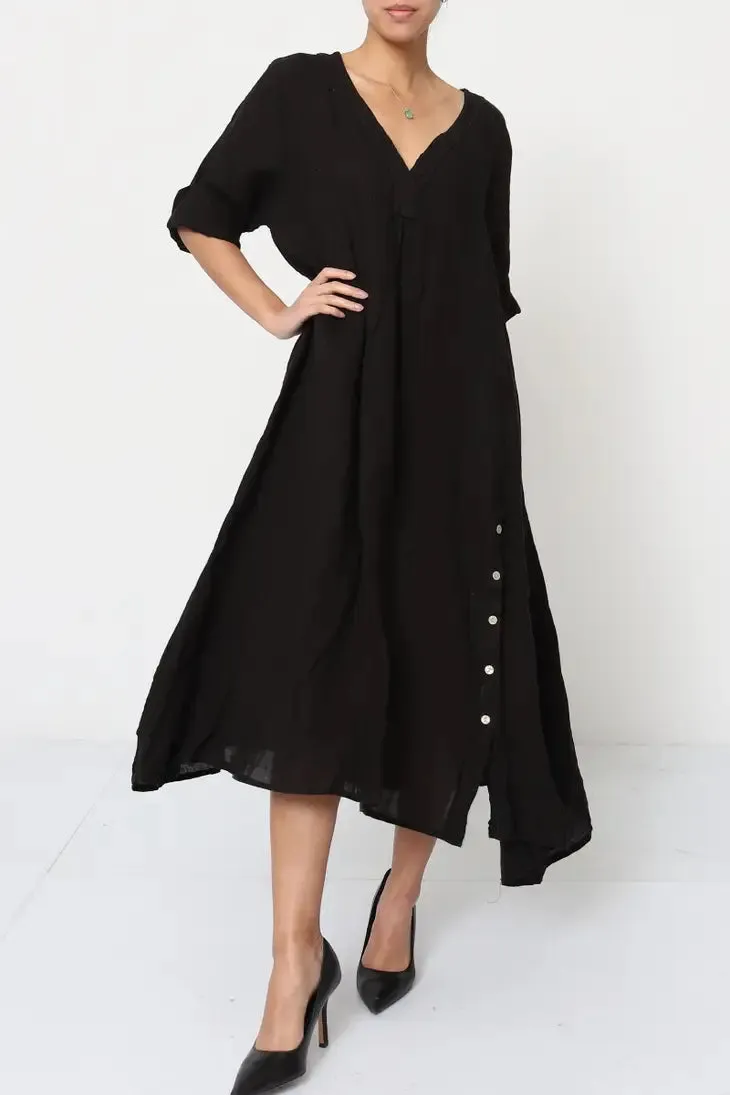 21938 Long Side Button-Up Detailed Linen Dress