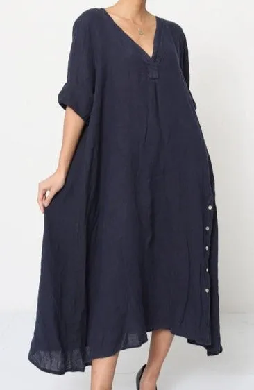 21938 Long Side Button-Up Detailed Linen Dress