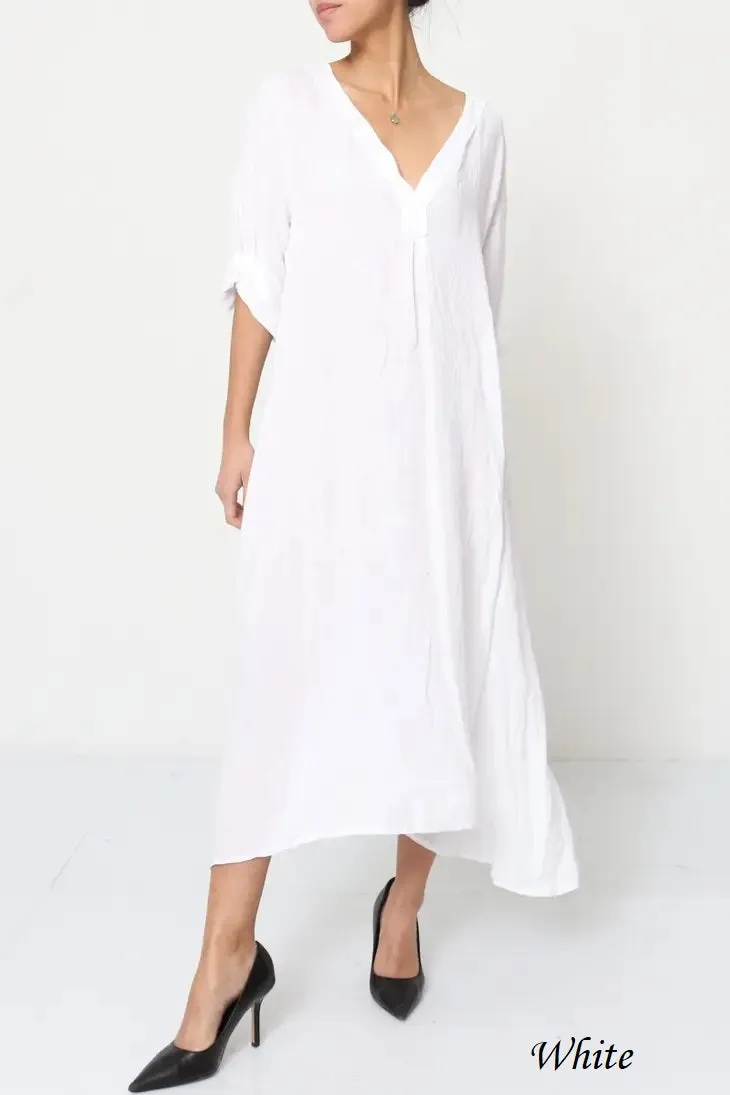 21938 Long Side Button-Up Detailed Linen Dress