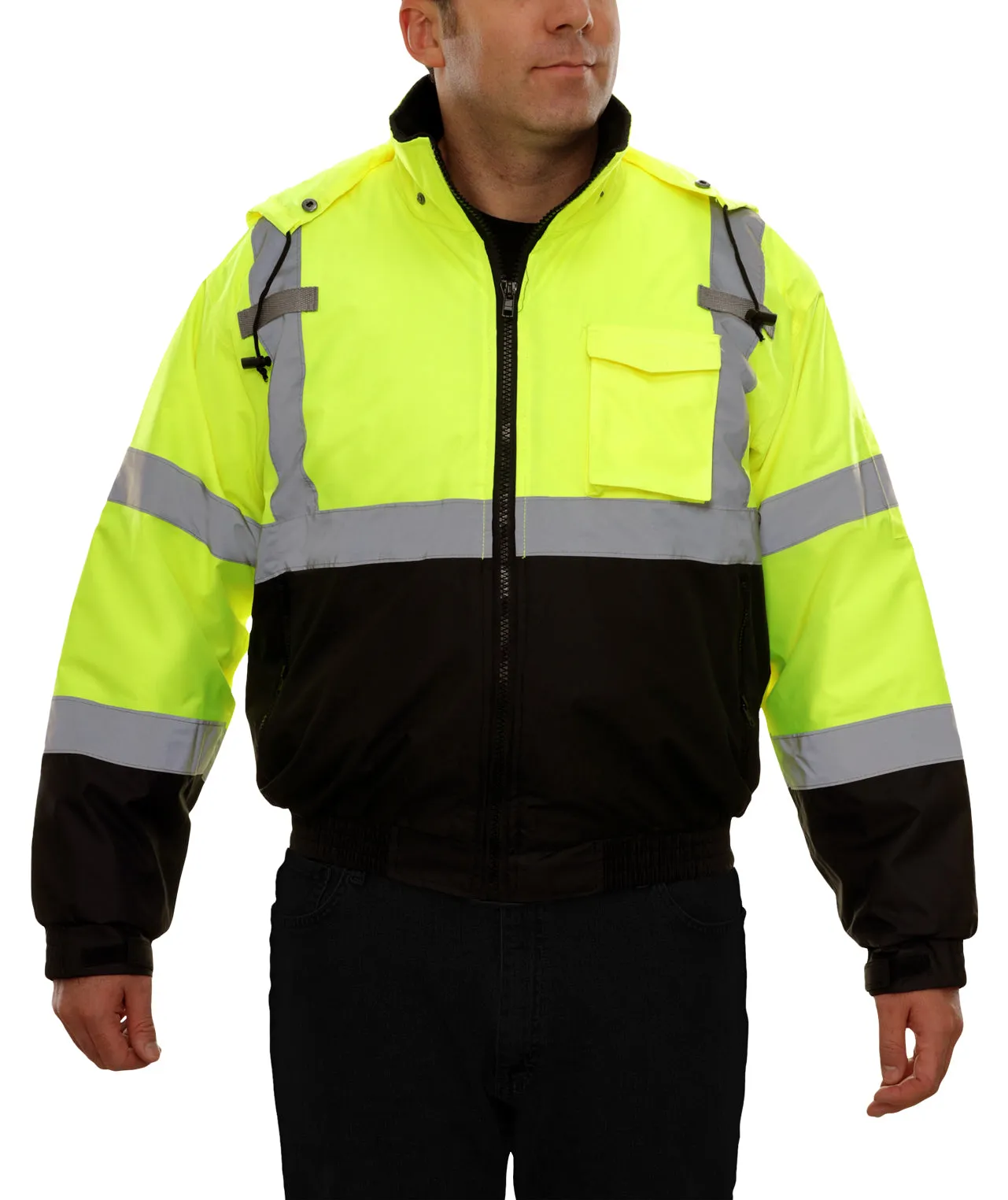 413GTLB Safety Jacket: Hi-Vis Bomber Jacket: Adjustable Hood: Waterproof