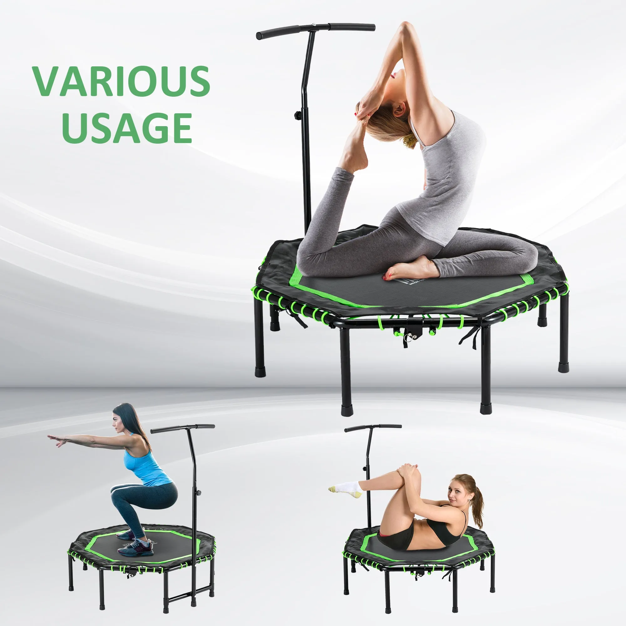 48" Octagonal Mini Fitness Rebounder Trampoline Indoor Outdoor Foldable Mini Jumper with Adjustable Handle, Green