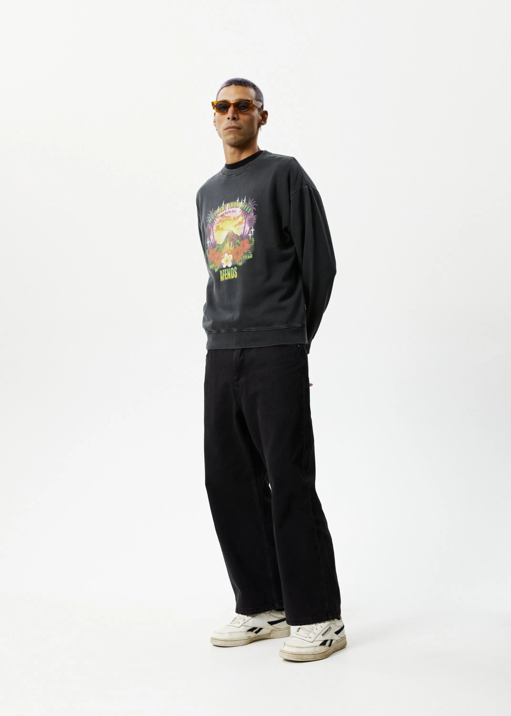 AFENDS Mens Holiday - Crew Neck Jumper- Stone Black