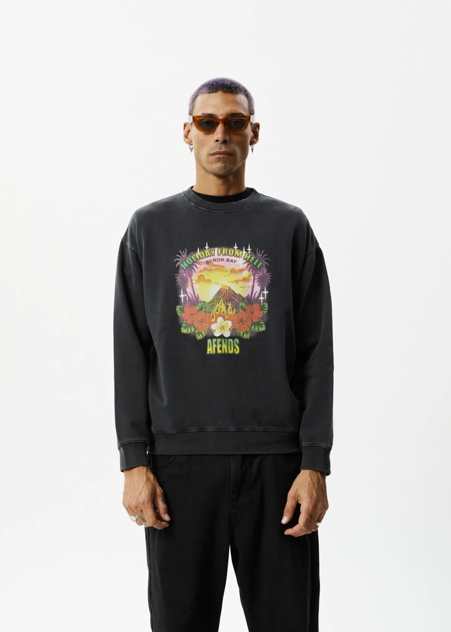 AFENDS Mens Holiday - Crew Neck Jumper- Stone Black