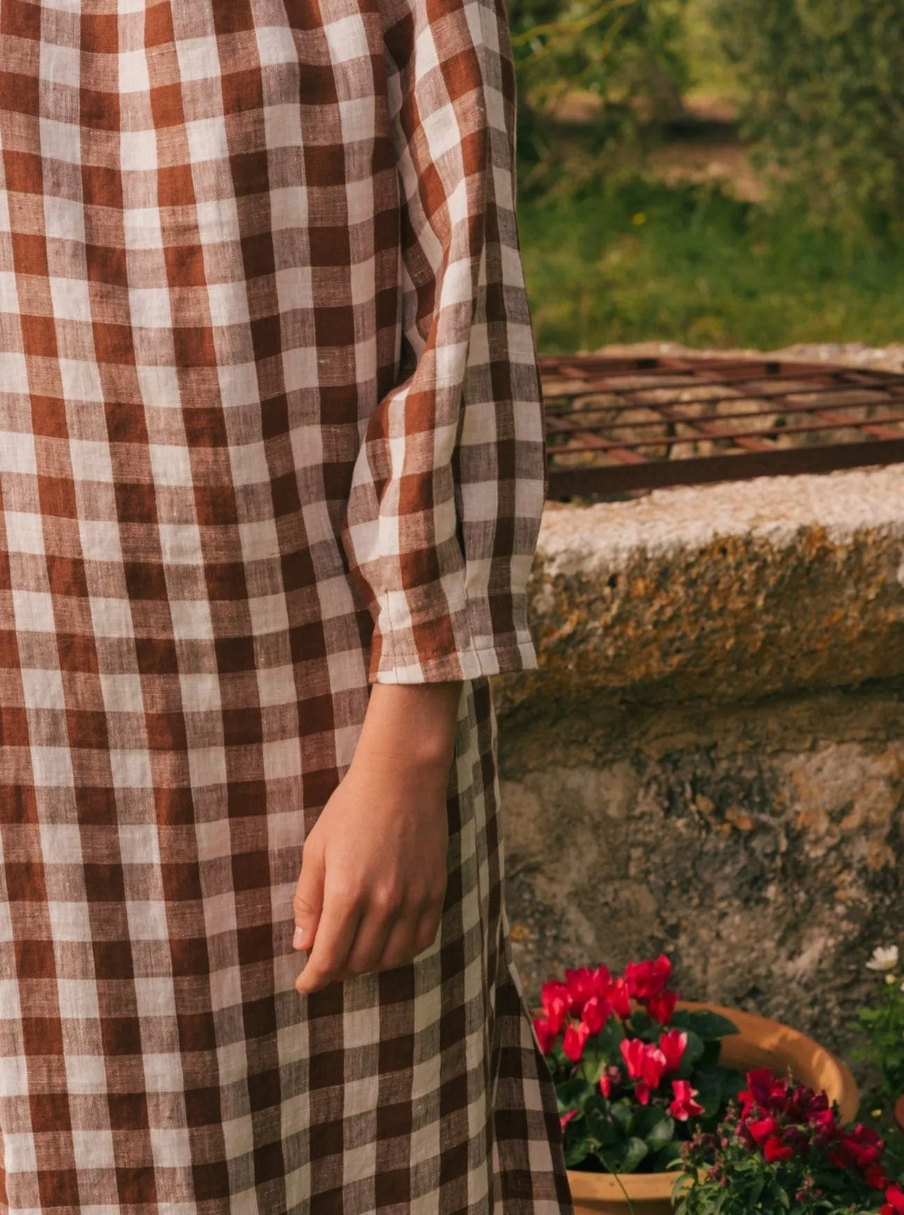 Amalia Long-Length Linen Dress - Mocha Gingham