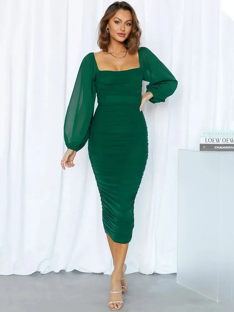 Amozae Elegant Long Sleeve Backless Midi Dress Women Autumn New Two Layer Mesh Square Collar Bodycon Club Party Sexy Dress