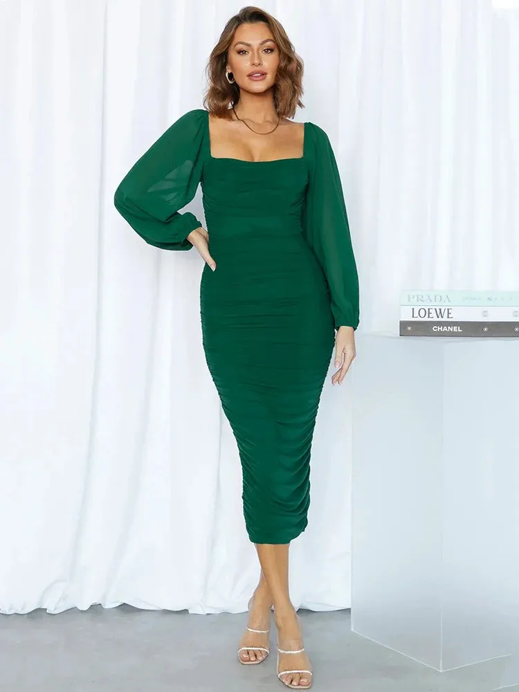 Amozae Elegant Long Sleeve Backless Midi Dress Women Autumn New Two Layer Mesh Square Collar Bodycon Club Party Sexy Dress