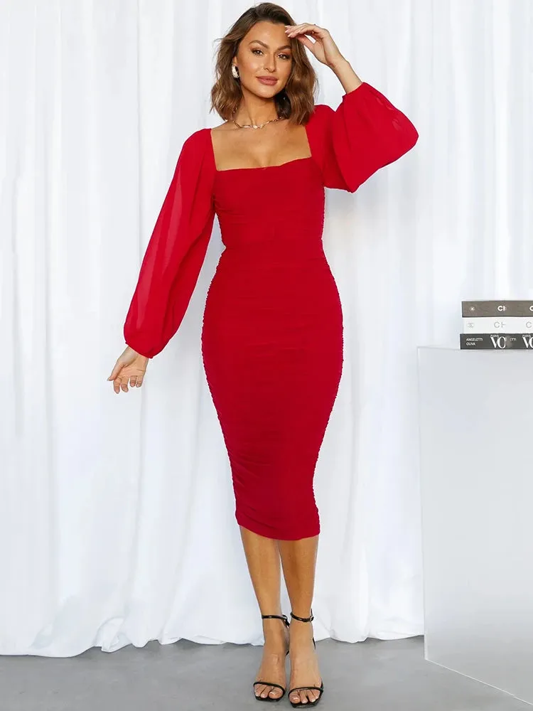 Amozae Elegant Long Sleeve Backless Midi Dress Women Autumn New Two Layer Mesh Square Collar Bodycon Club Party Sexy Dress