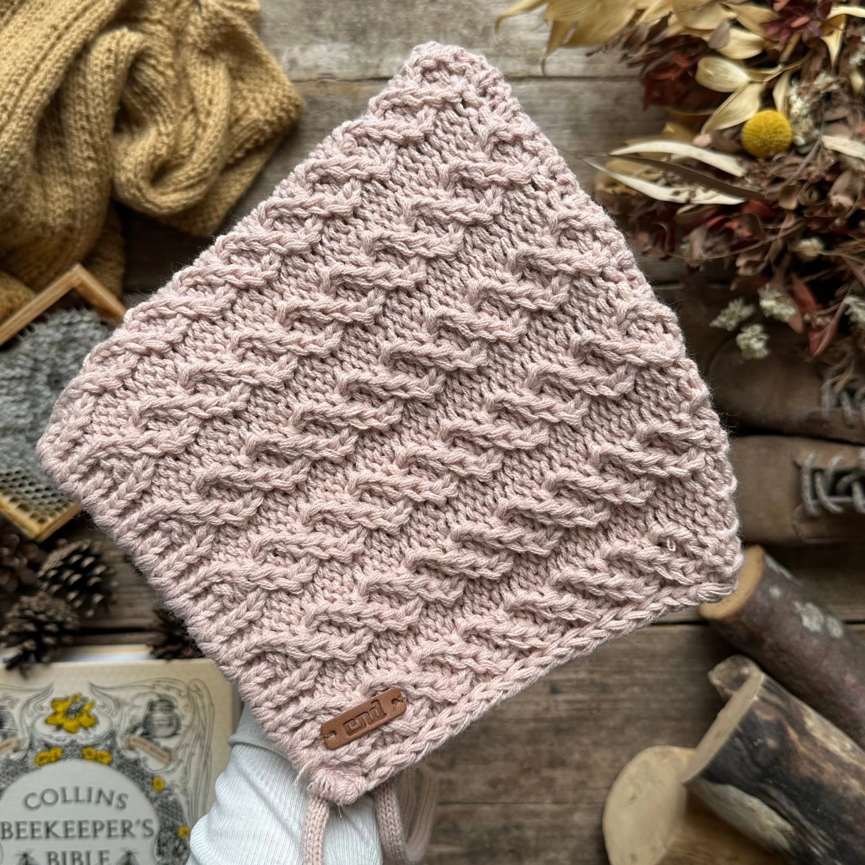 Aran Stitch Bulky Baby Bonnet | Old Rose