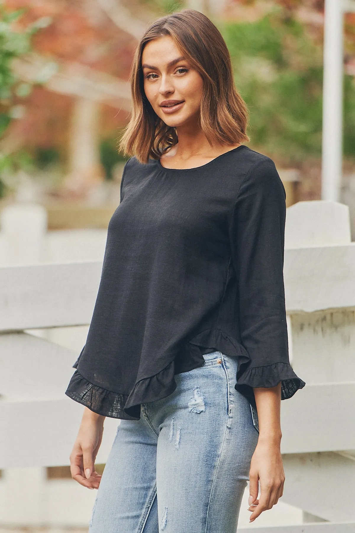 Aries Long Sleeve Black Linen Top