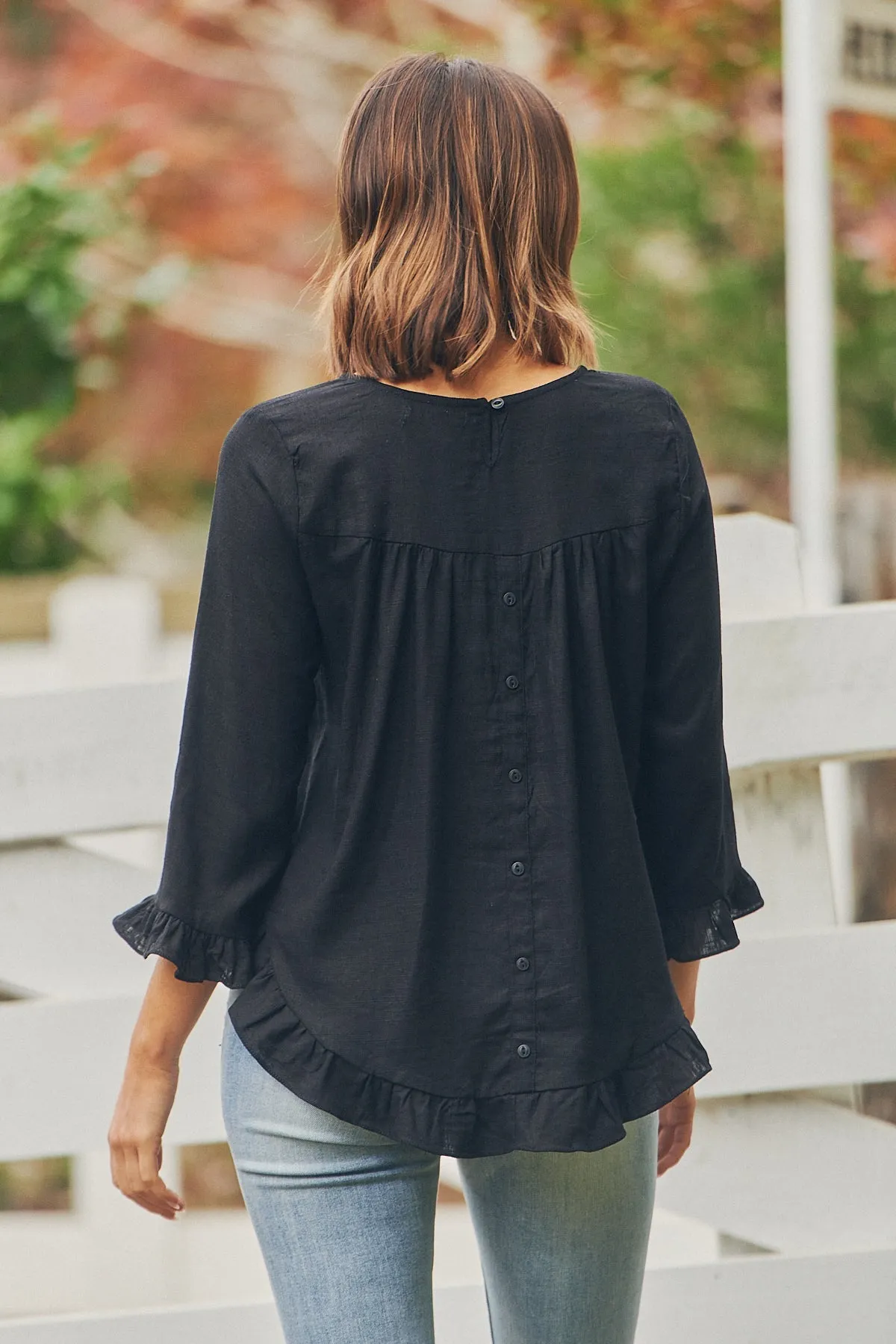 Aries Long Sleeve Black Linen Top