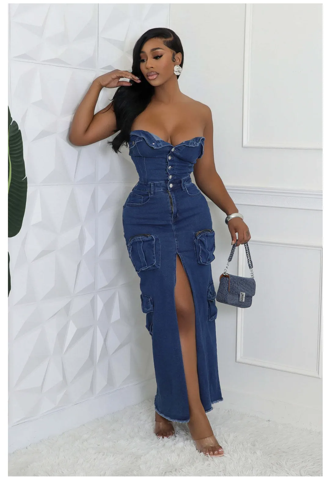 Arrival 3D Pocket Sexy Bandeau One-Shoulder Split Tooling Bag Denim Dress Autumn Dress