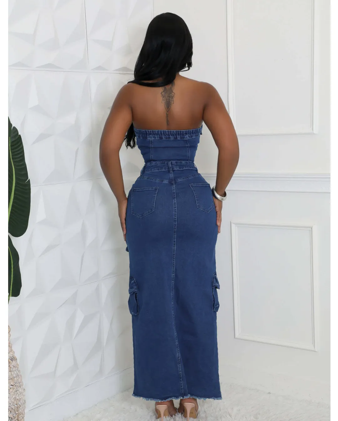 Arrival 3D Pocket Sexy Bandeau One-Shoulder Split Tooling Bag Denim Dress Autumn Dress