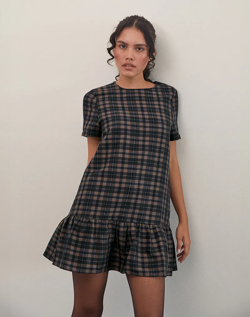 Asterin Mini Smock Dress in Navy Mustard Check