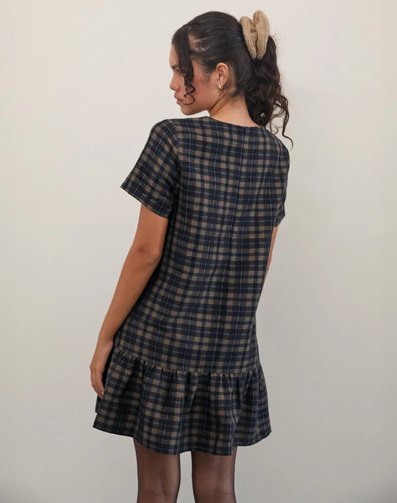 Asterin Mini Smock Dress in Navy Mustard Check