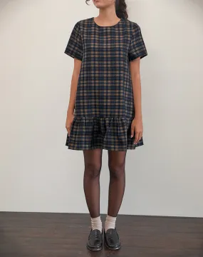 Asterin Mini Smock Dress in Navy Mustard Check