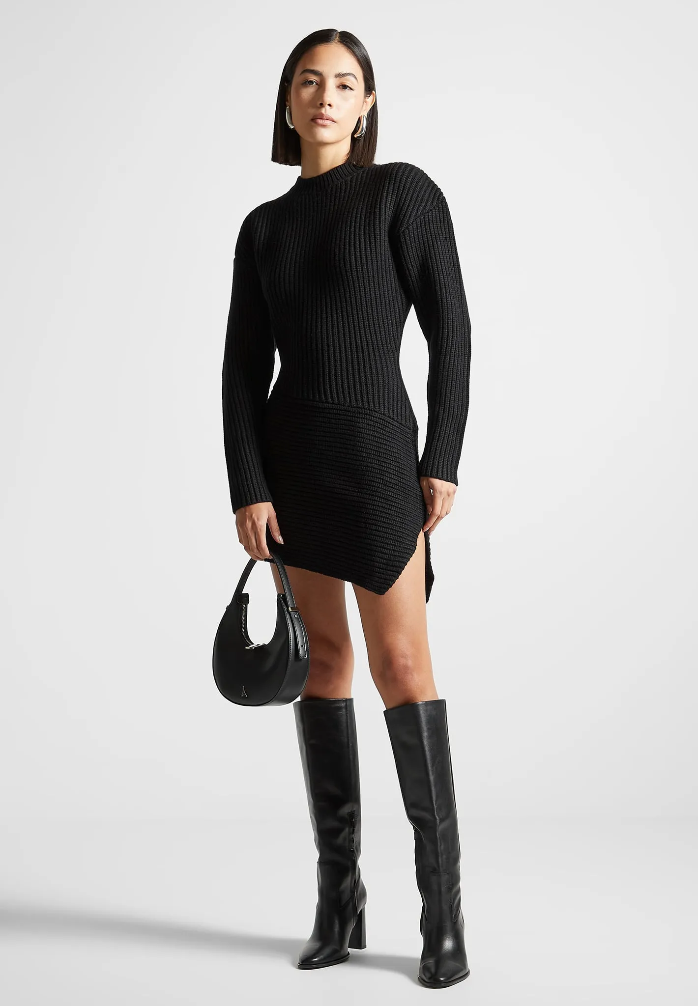 Asymmetric Knit Jumper Dress - Black