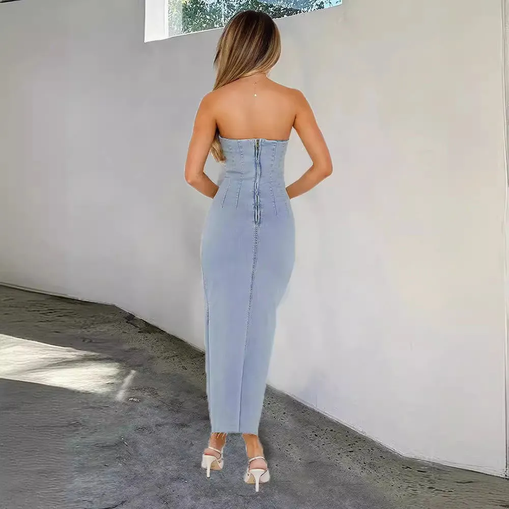 Autumn Elastic Denim Sexy Bandeau Slim Fit Split Dress Women