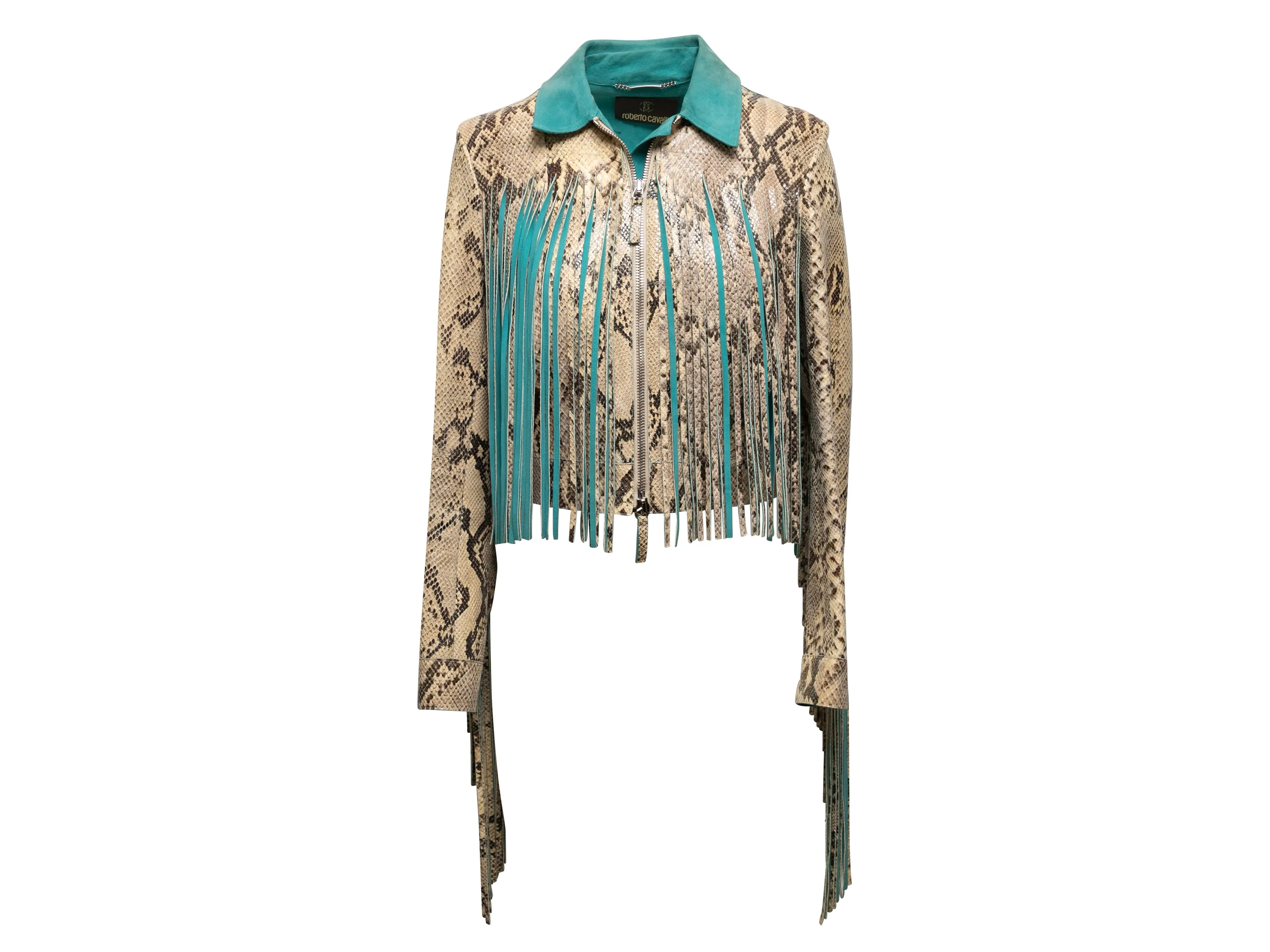 Beige & Turquoise Roberto Cavalli Faux Snakeskin & Suede Fringe Jacket Size US XS/S