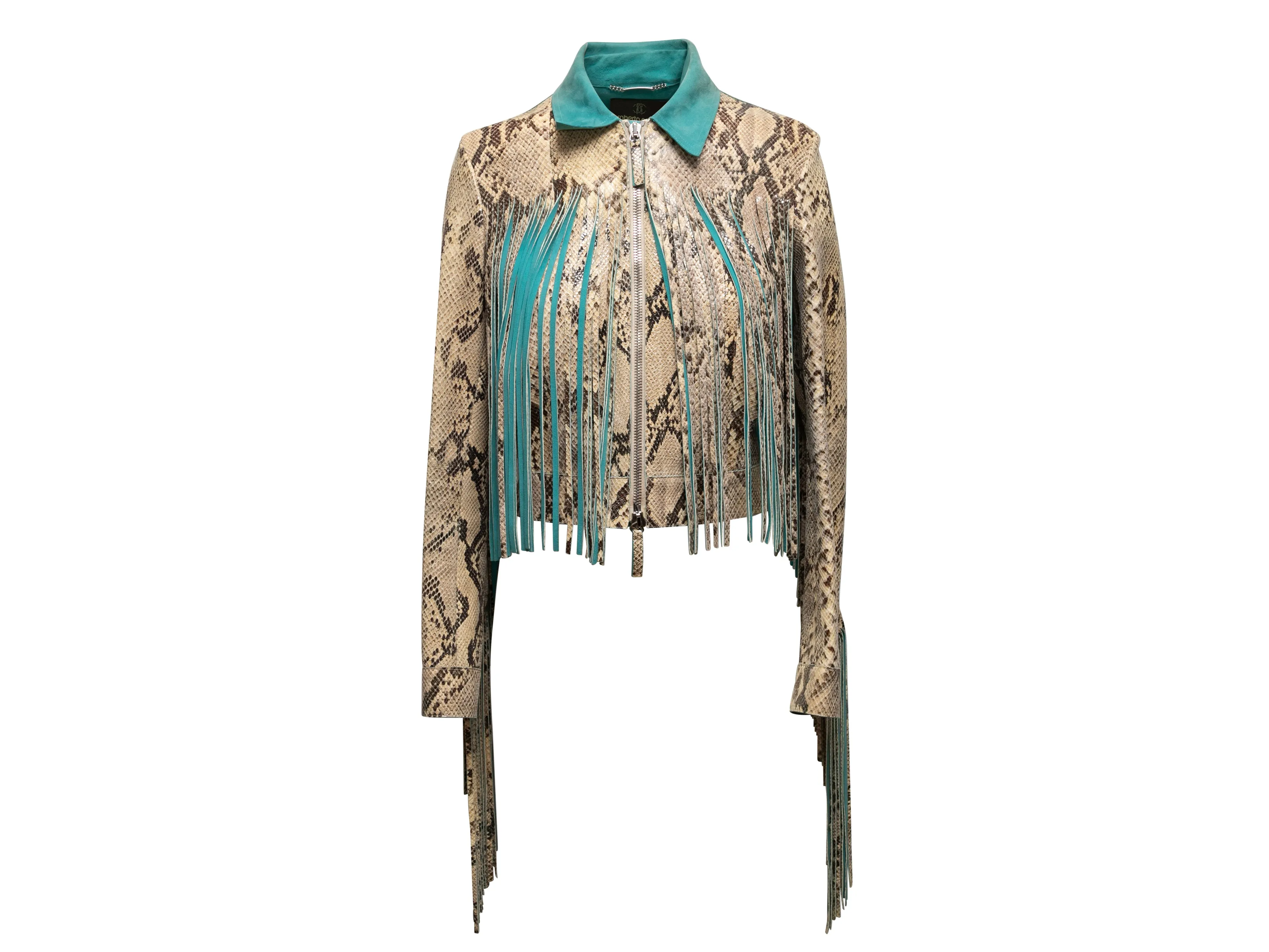 Beige & Turquoise Roberto Cavalli Faux Snakeskin & Suede Fringe Jacket Size US XS/S