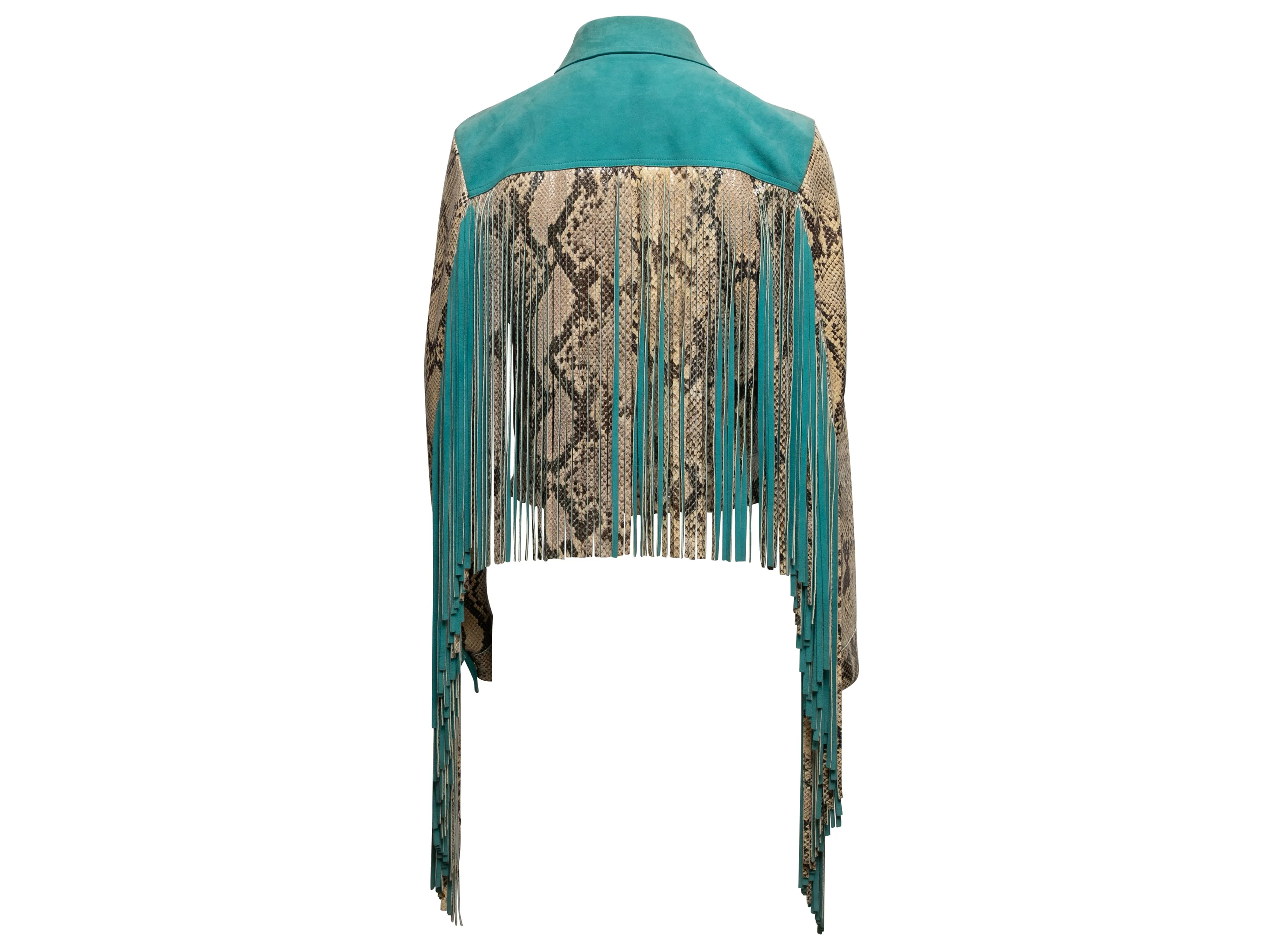 Beige & Turquoise Roberto Cavalli Faux Snakeskin & Suede Fringe Jacket Size US XS/S