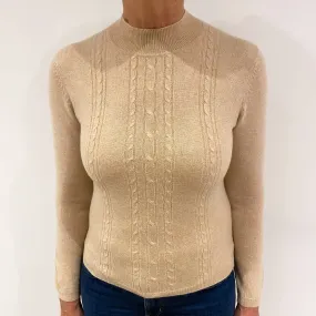 Beige Brown Cashmere Cable Knit Turtle Neck Jumper Medium