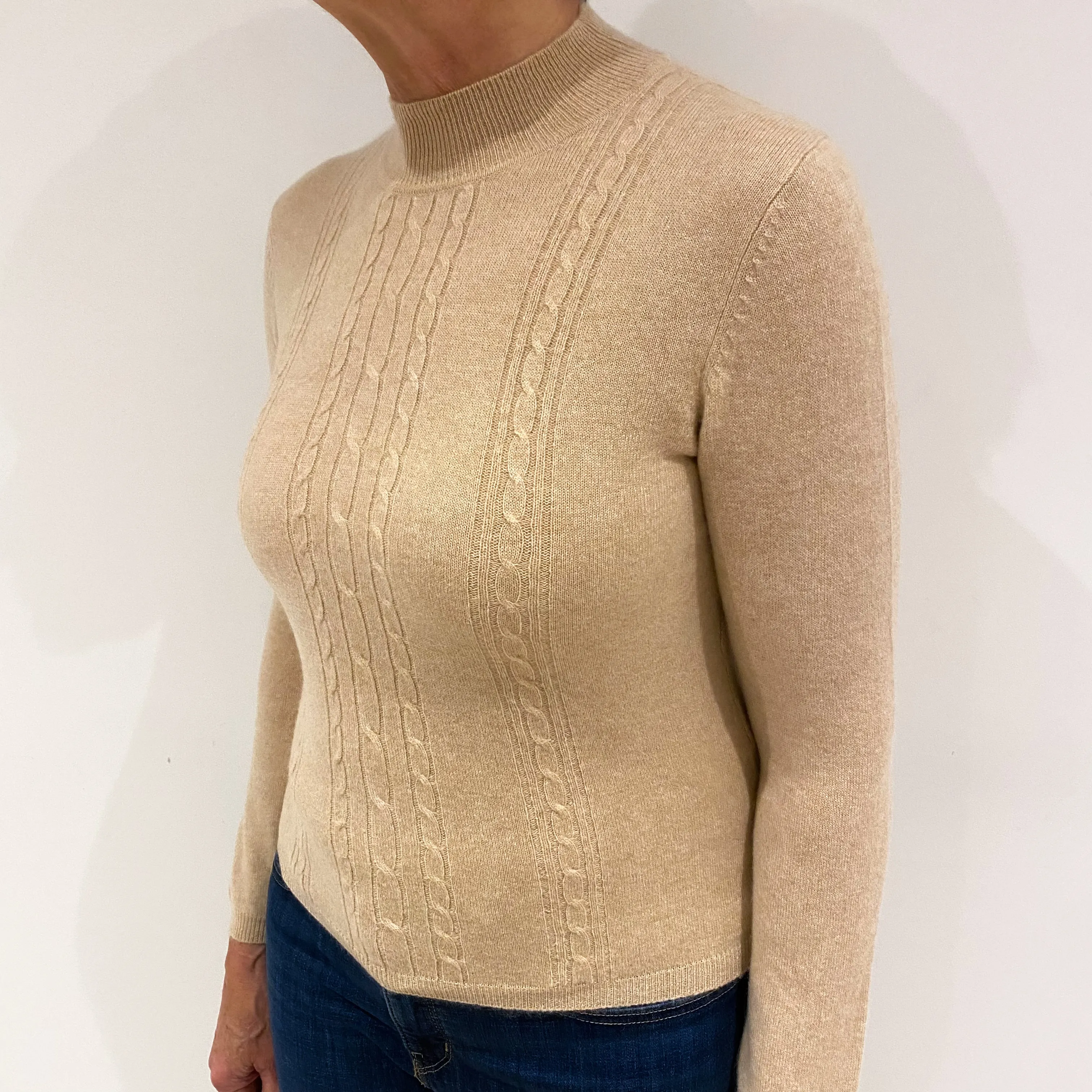 Beige Brown Cashmere Cable Knit Turtle Neck Jumper Medium