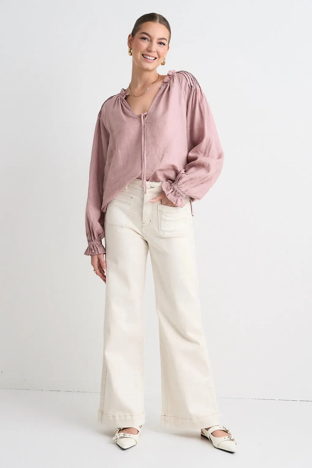 Birch Pink Clay Linen Pintuck Shoulder Tie Neck Top