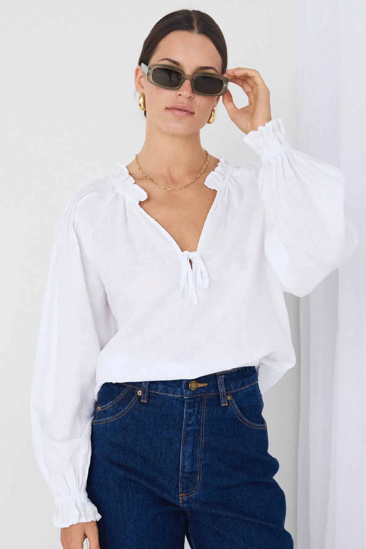 Birch White Linen Pintuck Shoulder Tie Neck Top