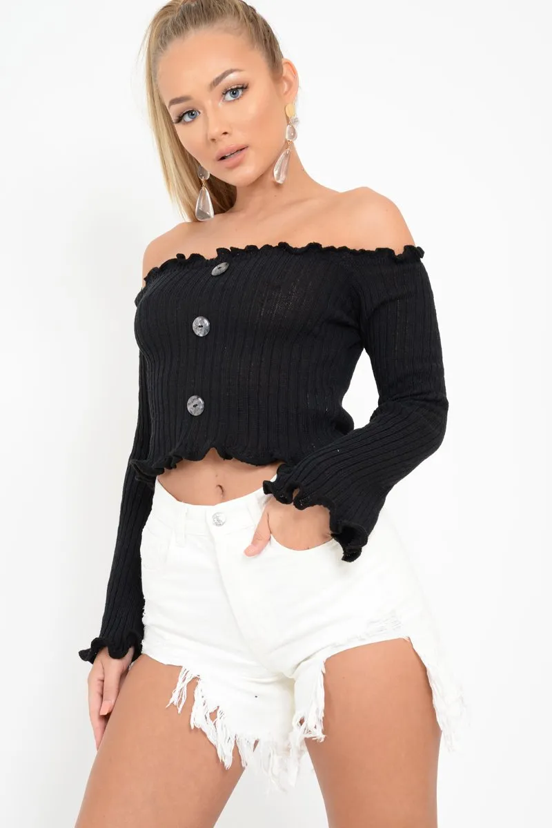 Black Button Up Cropped Bardot Jumper - Cielo