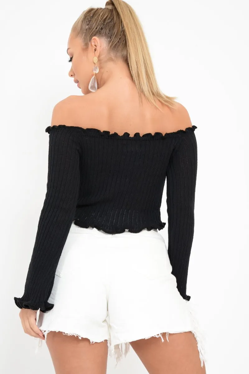 Black Button Up Cropped Bardot Jumper - Cielo