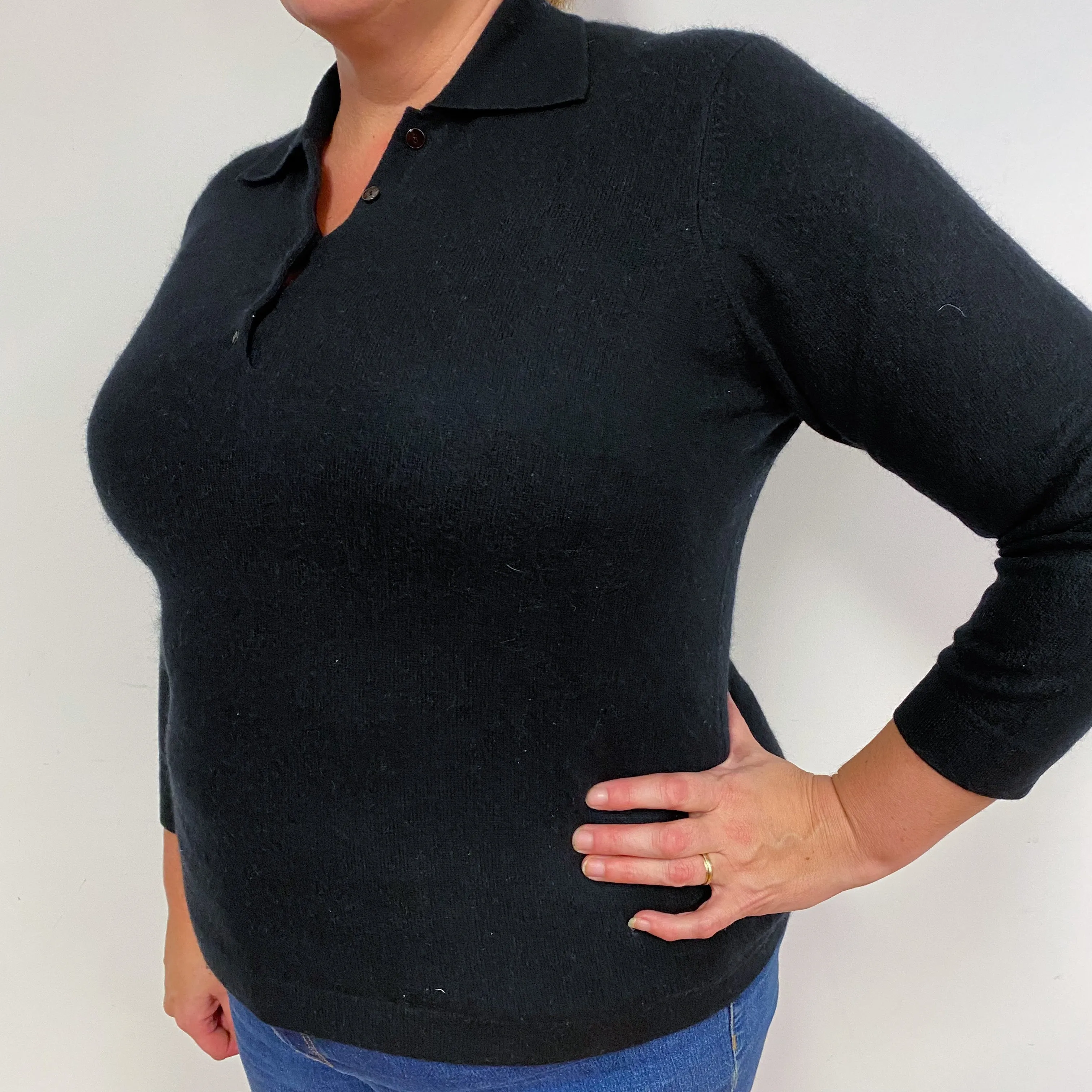 Black Cashmere 1/4 Button V-Neck Jumper Extra Large