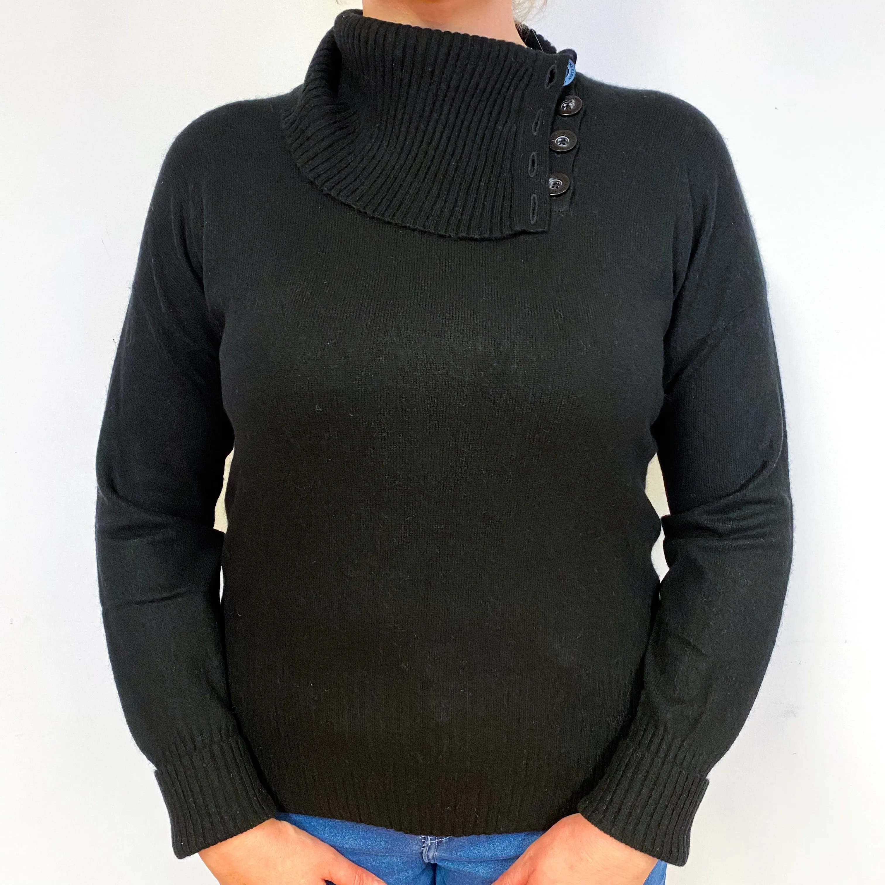 Black Cashmere Buttoned Polo Neck Jumper Large