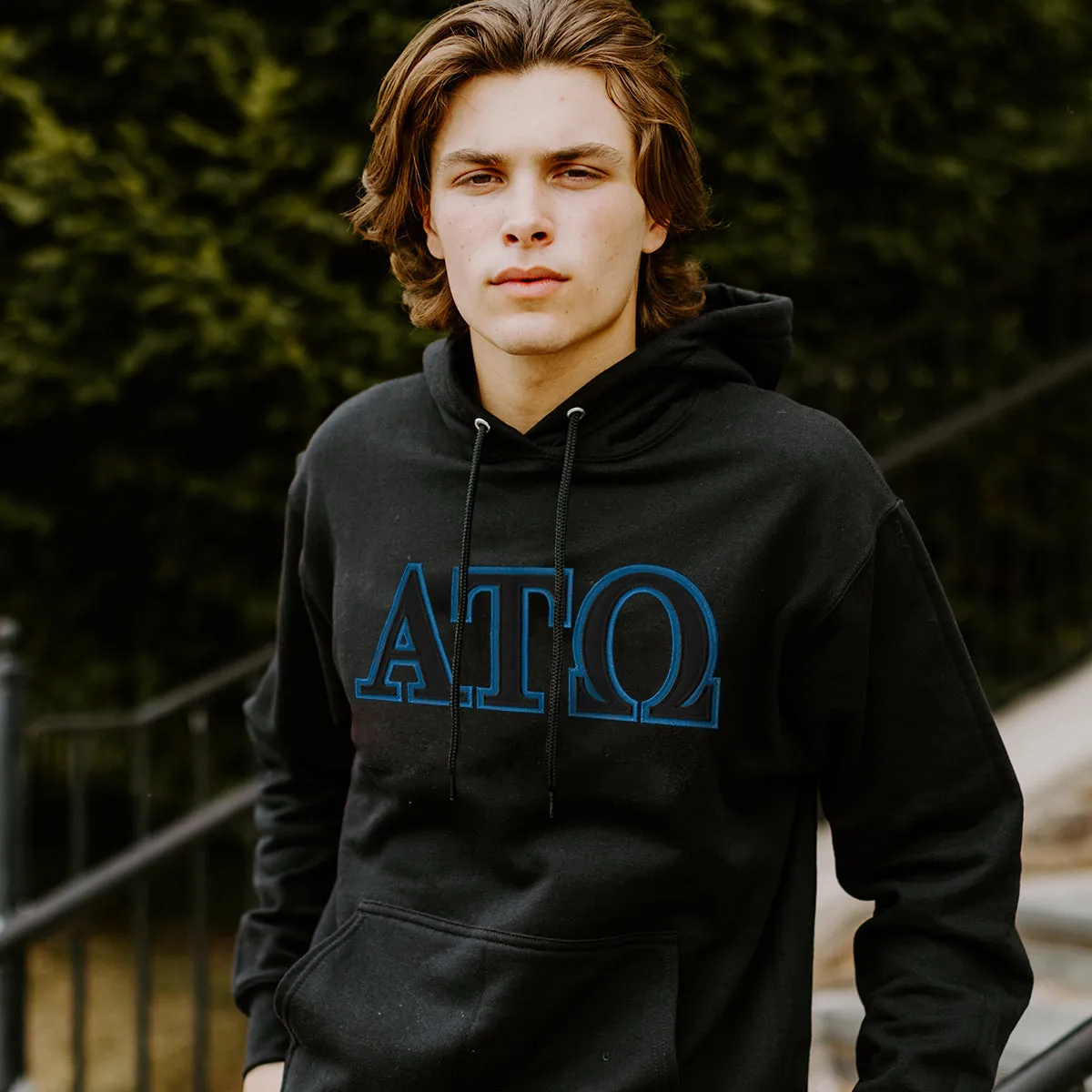 Black Hoodie with Black Sewn On Letters