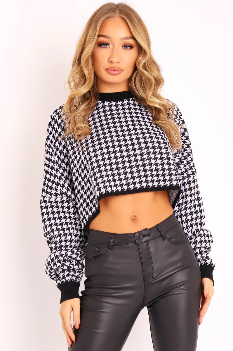 Black Hounds-Tooth Cropped Batwing Jumper - Lizy