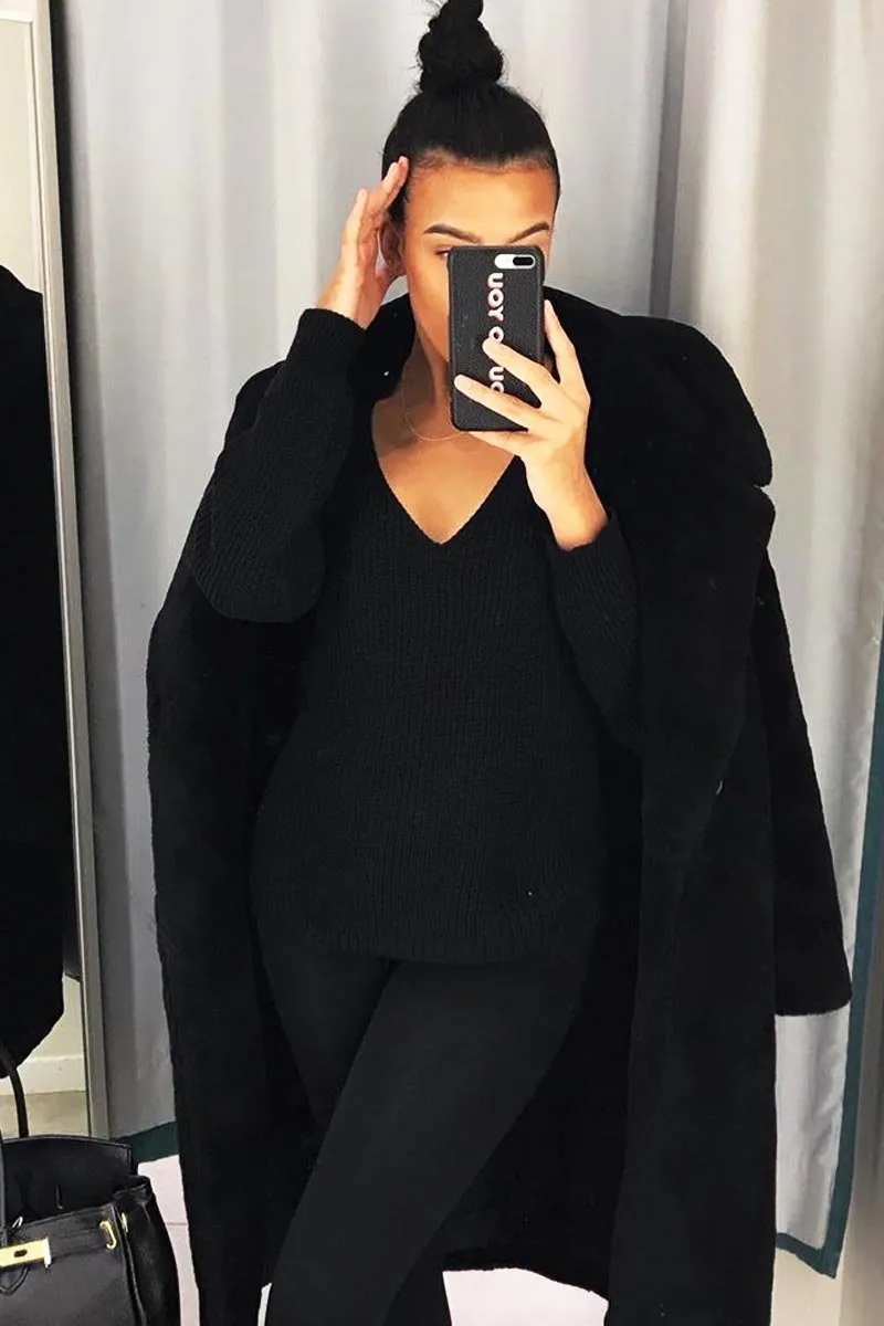 Black Knit Plunge Neckline Jumper - Roselie