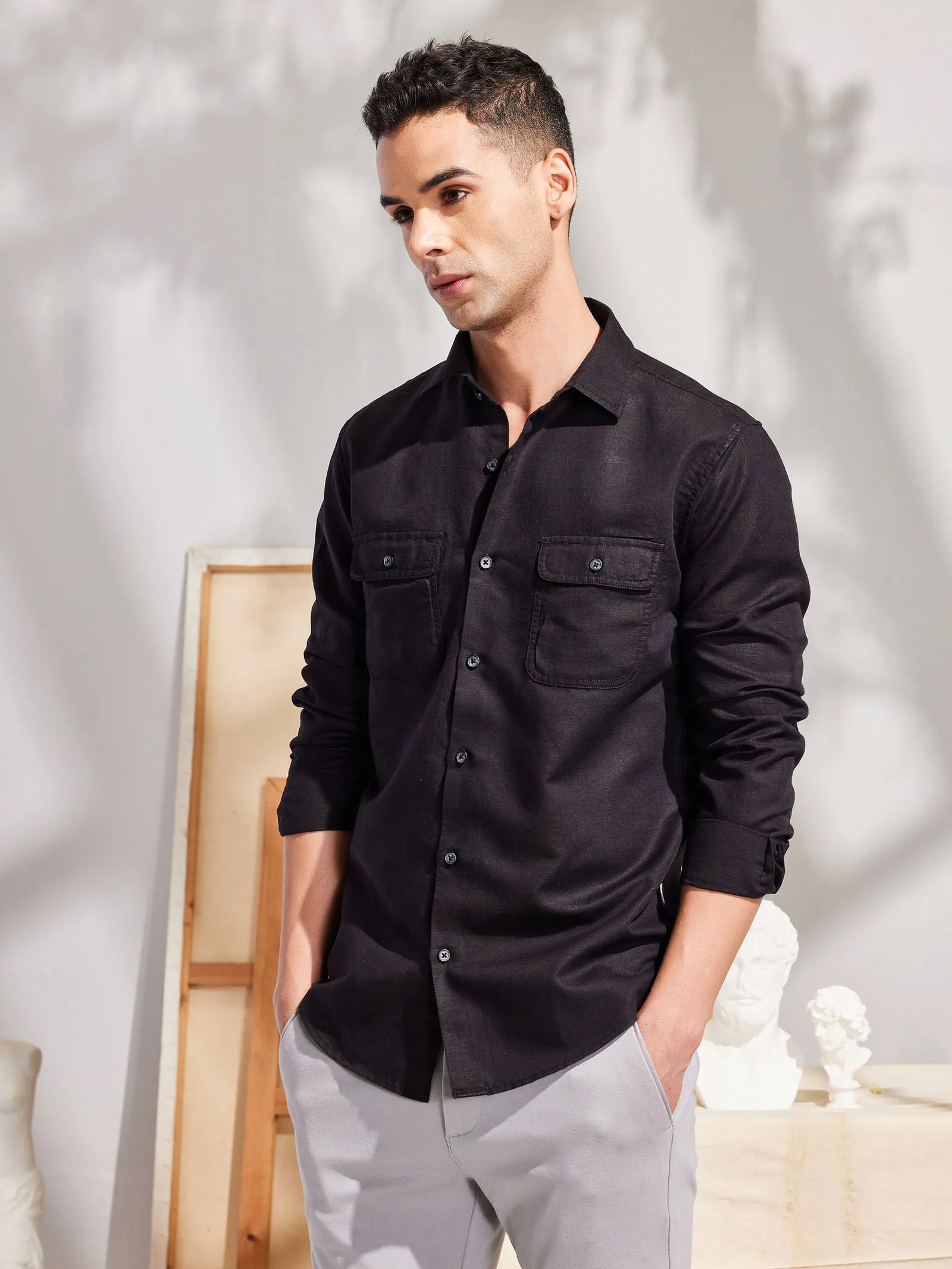 Black Linen Cargo Shirt