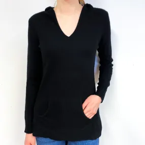 Black Longline Cashmere V-Neck Hoodie Jumper Extra Small