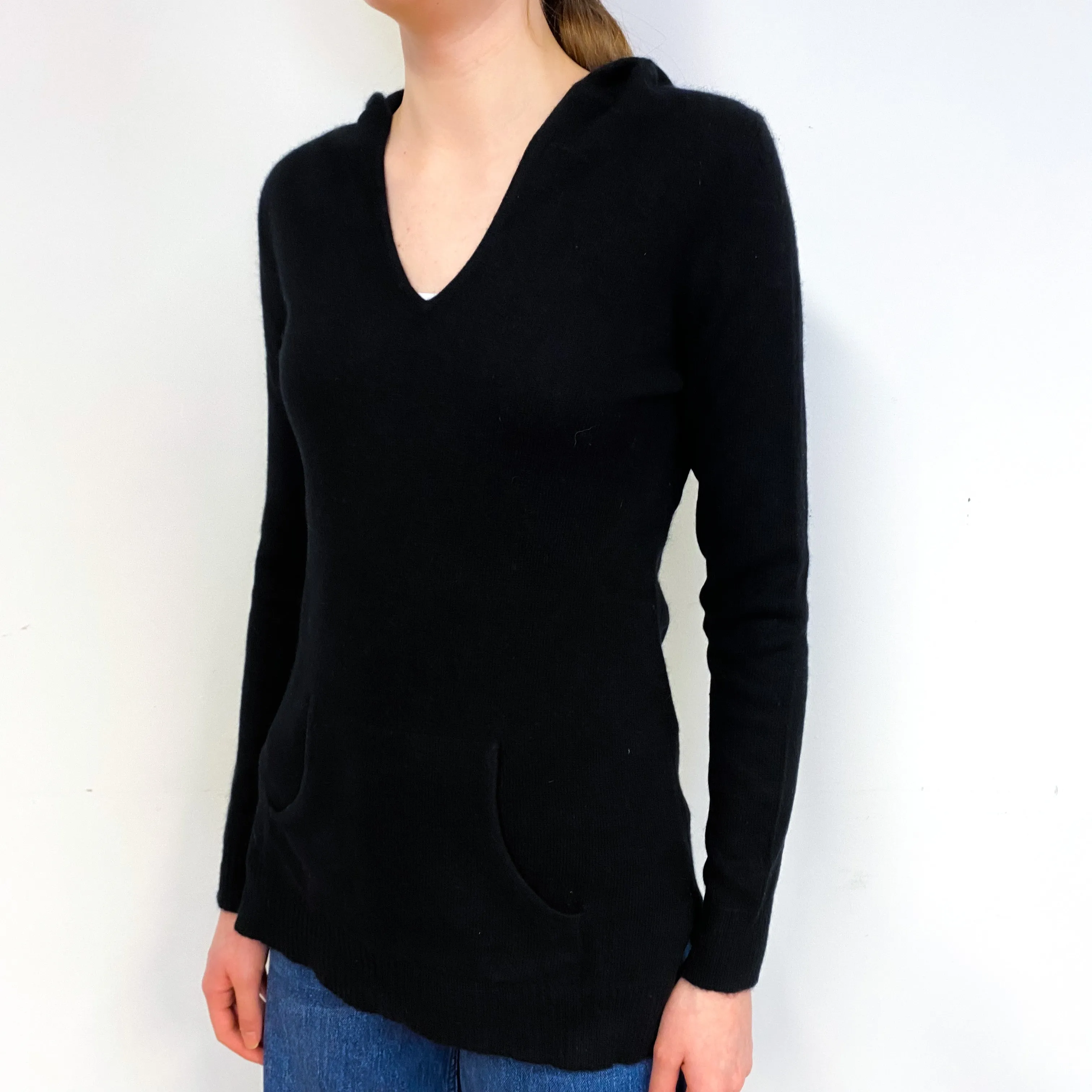 Black Longline Cashmere V-Neck Hoodie Jumper Extra Small