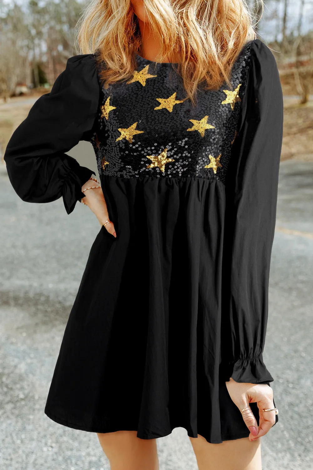 Black Sequined Stars Flounce Sleeve Ruffled Babydoll Dress