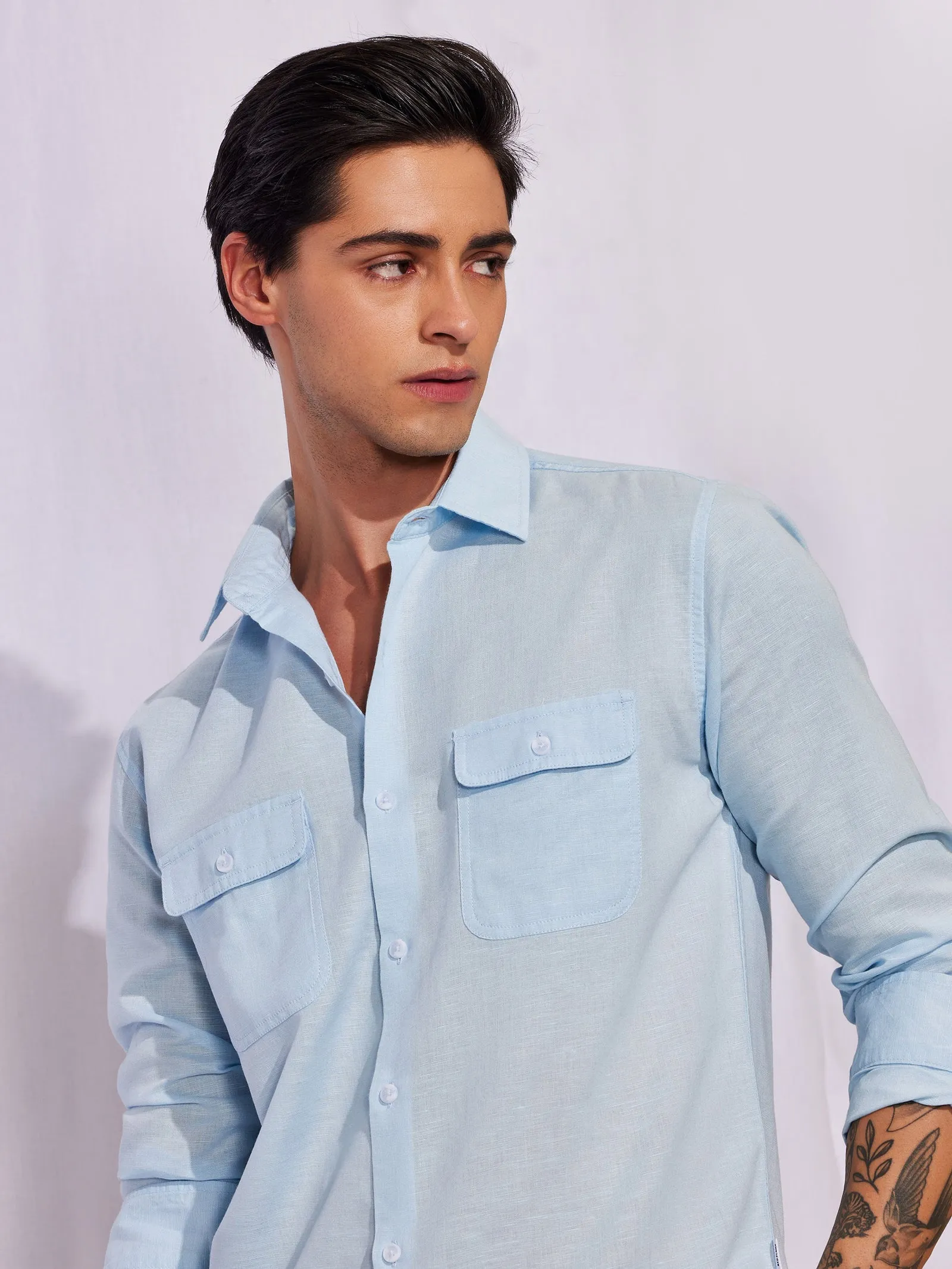 Blue Linen Cargo Shirt