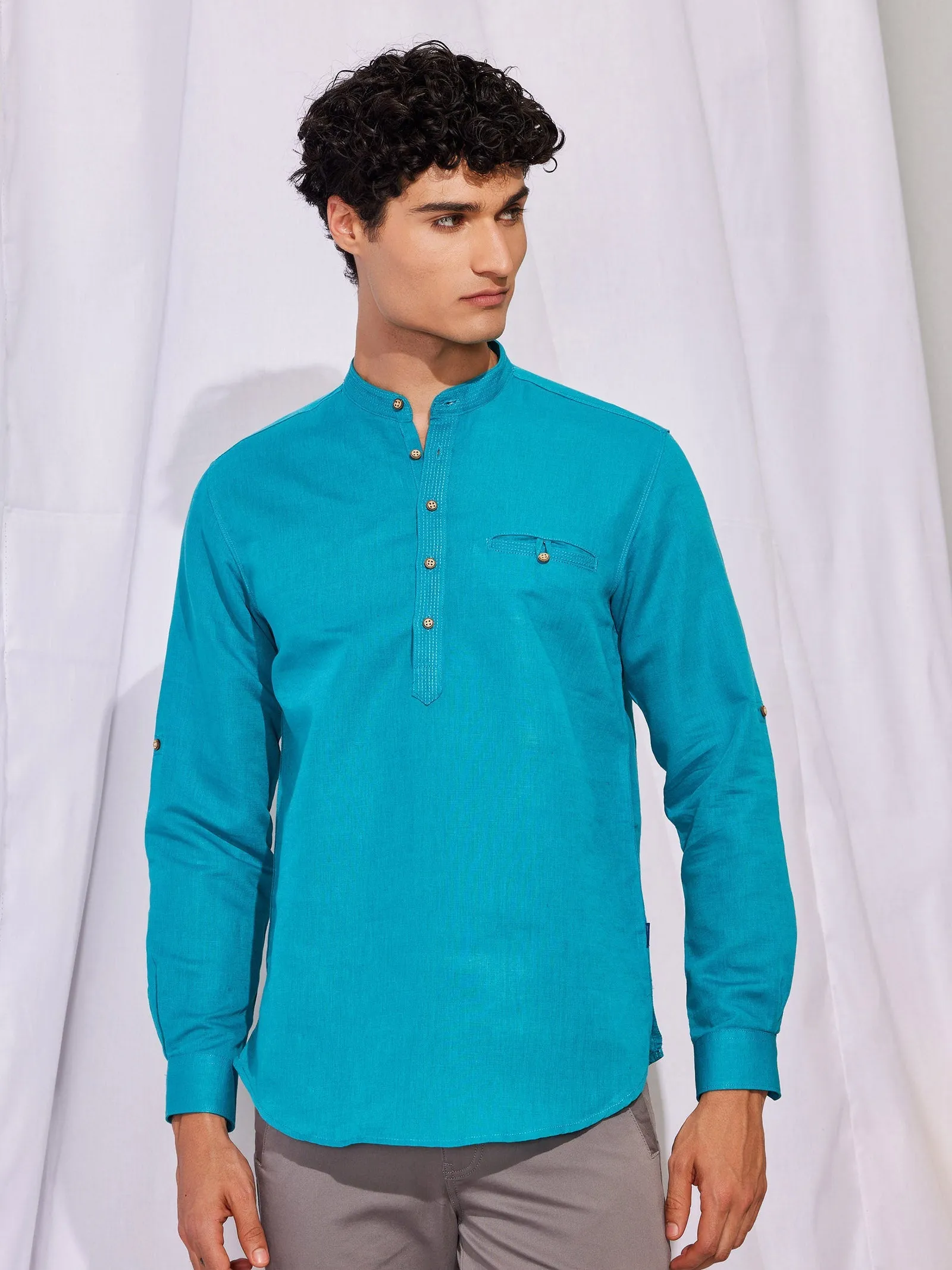 Blue Solid Linen Kurta